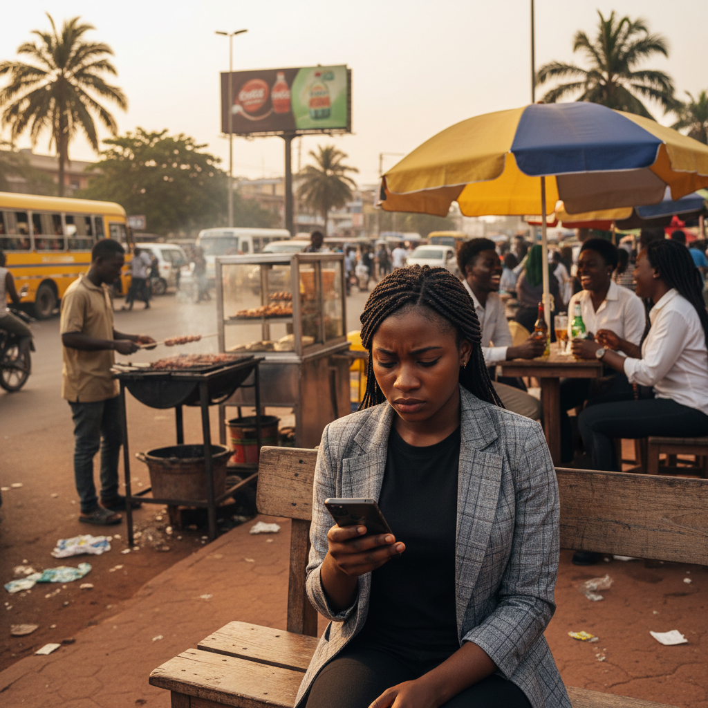 A young Nigerian woman in Lagos looking at her smartphone with a look of frustration and disappointment.