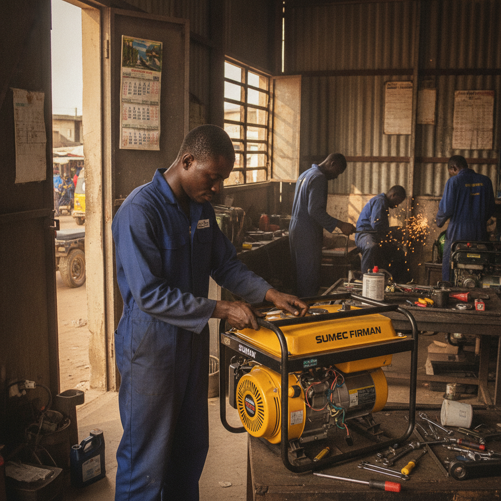 A Nigerian generator technician carefully repairing a Sumec Firman generator.
