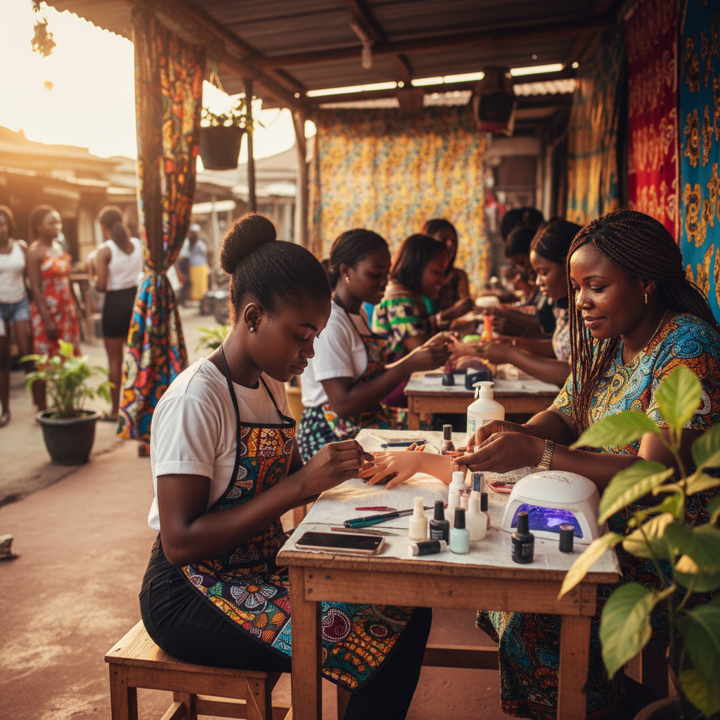 A Nigerian student practicing acrylic nail application at a beauty school.