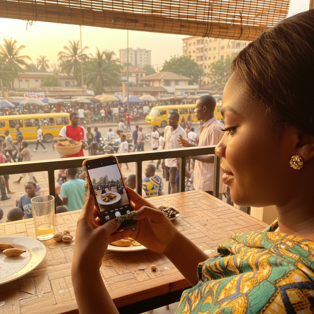 A young Nigerian entrepreneur taking a picture of her beautiful nail art to post on her business's social media page.