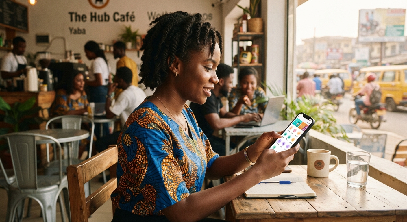 Nigerian woman scrolling through different service categories on a user-friendly app.