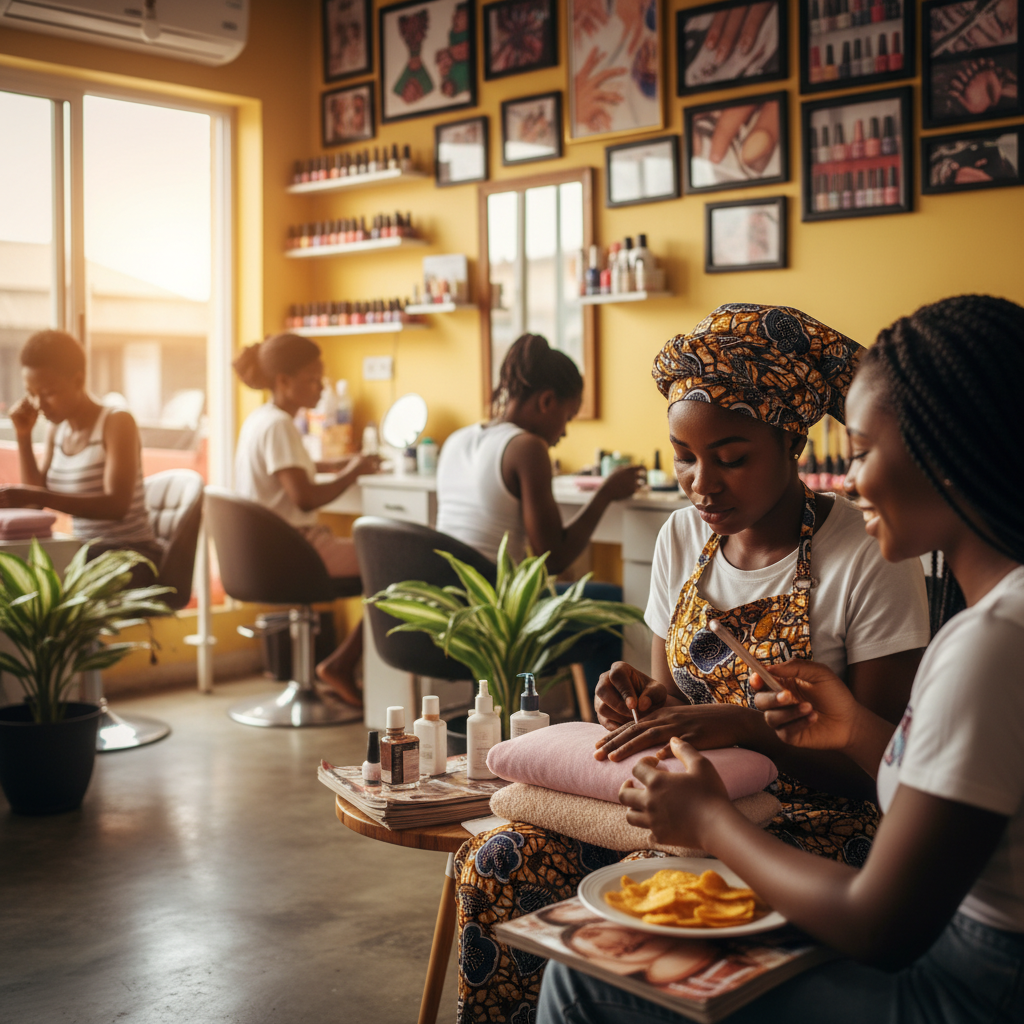A skilled Nigerian nail technician carefully applying acrylics to a client's fingernails in a modern salon.