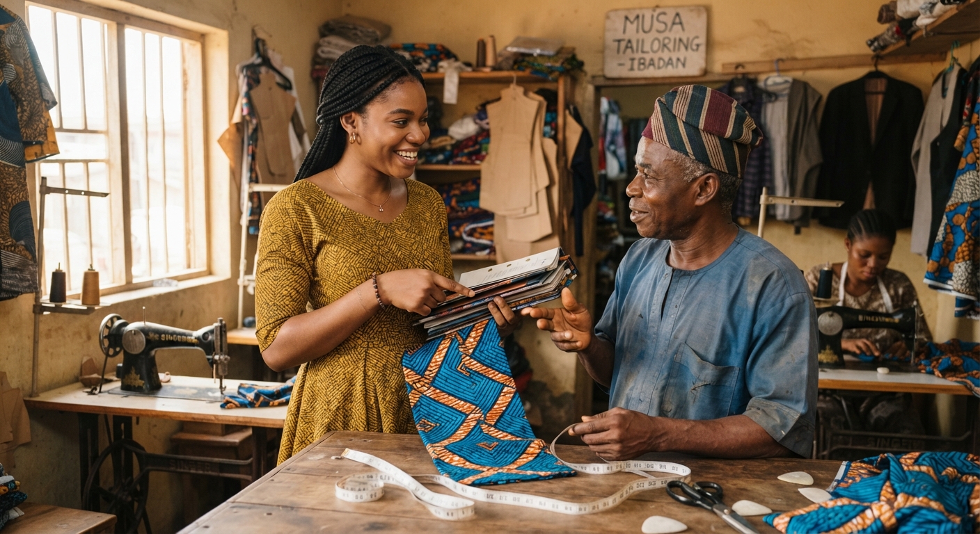 Young Nigerian woman consulting with a tailor over fabric swatches in a workshop in Ibadan.