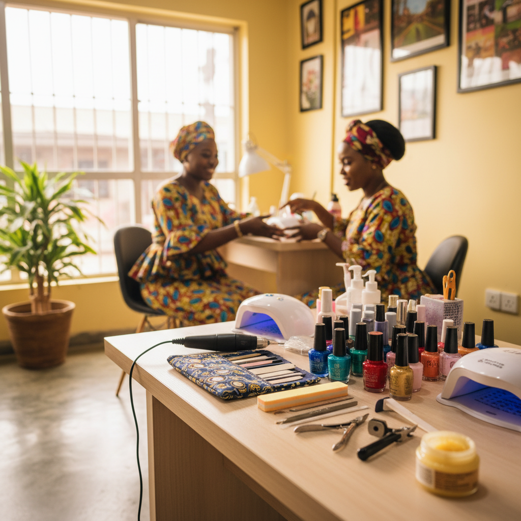 A collection of essential nail technician tools like UV lamp, drills, polishes, and files neatly arranged on a table.
