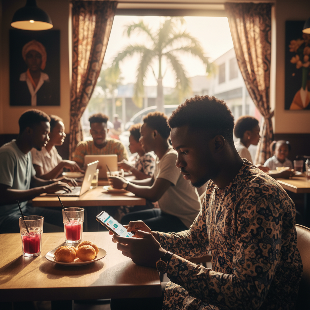 A young Nigerian man reviews his budget on the TrustAm app on his phone.