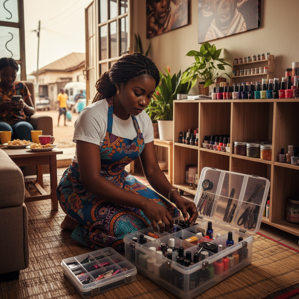 A Nigerian nail technician arranging her colourful collection of nail polishes and professional tools in a portable case.