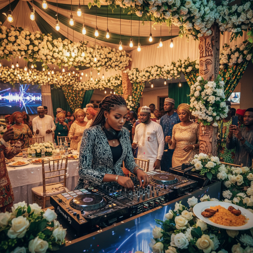 A professional Nigerian DJ with headphones on, mixing music on a turntable at a lively owambe party in Ibadan.