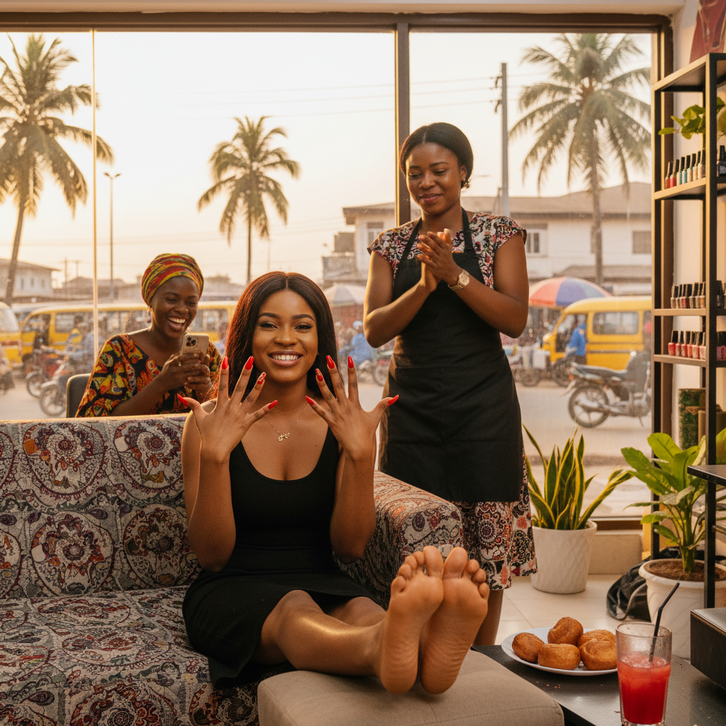 A stylish young Nigerian woman smiling as she displays her beautifully decorated nails.