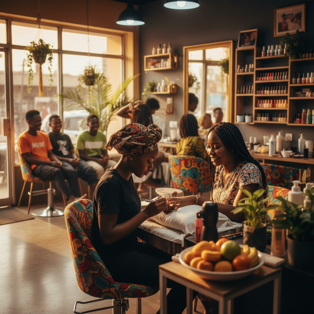 A skilled Nigerian nail technician carefully applying acrylic powder to a client's fingernail.