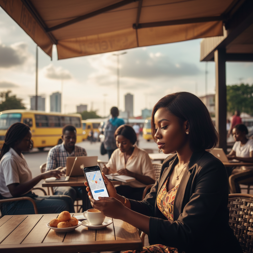 A stylish young Nigerian woman in Lagos booking a nail technician on the TrustAm app.
