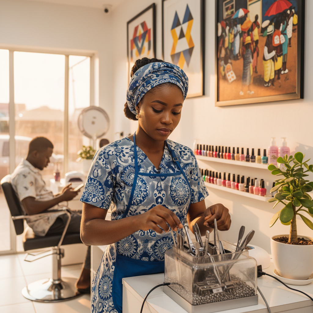 A nail technician in Nigeria using an autoclave to sterilize their metal tools.
