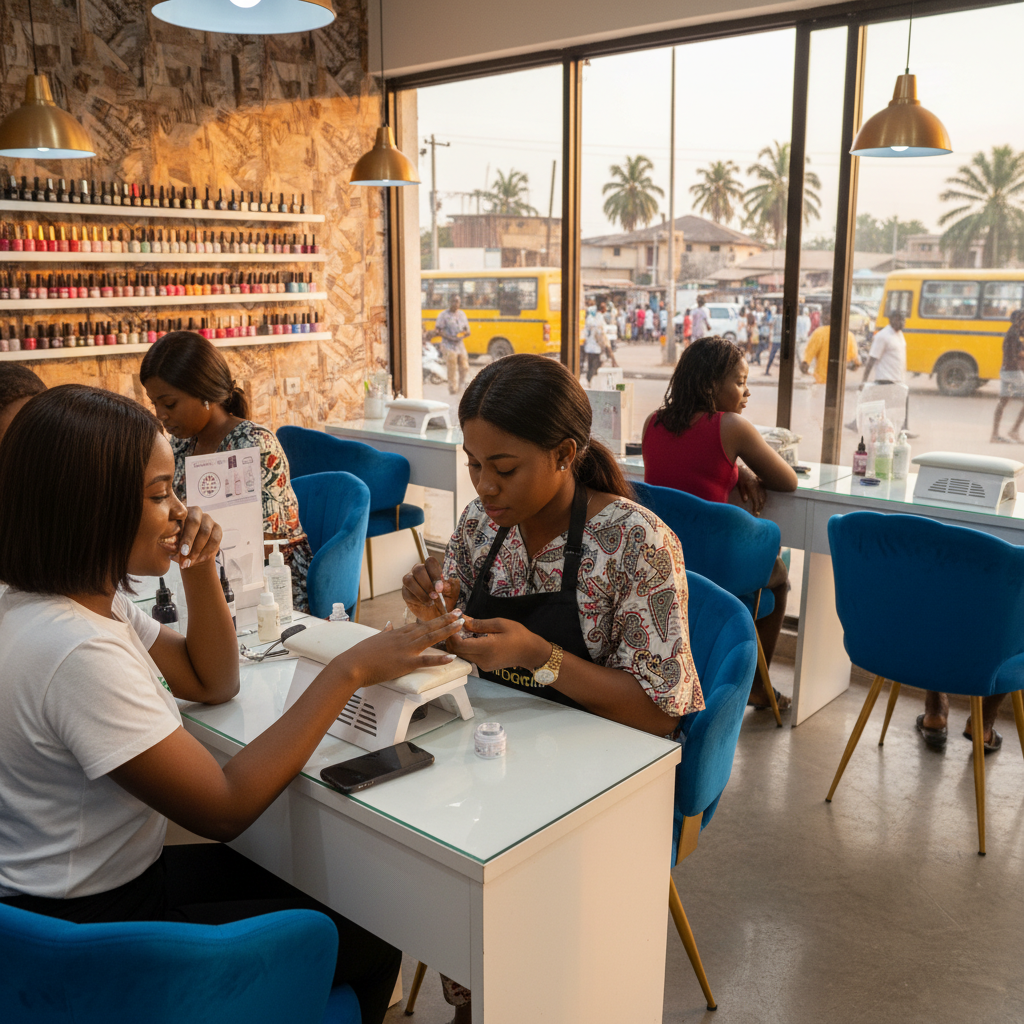A professional nail technician carefully crafting a set of acrylic nails for a client in a well-lit Lagos salon.