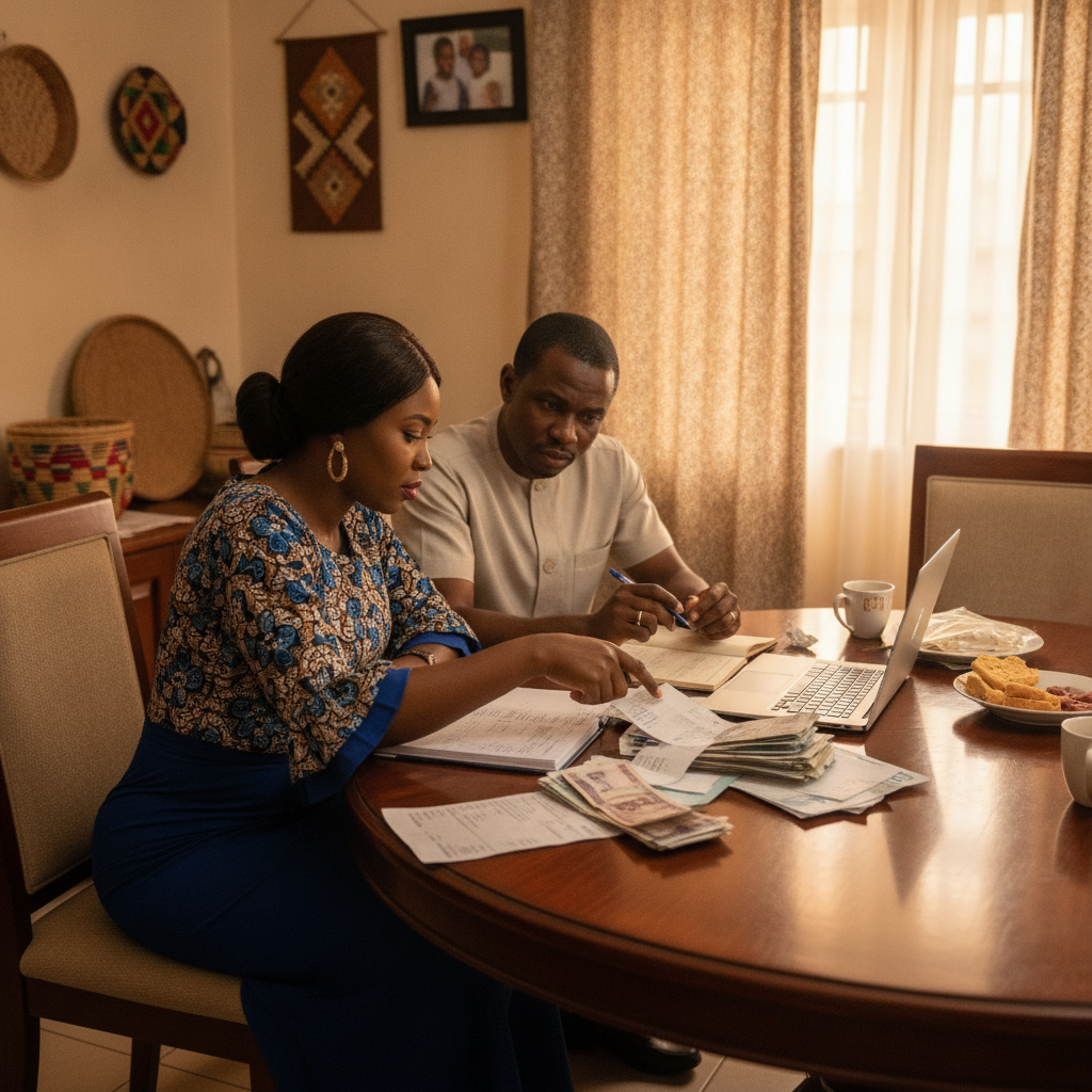 A young Nigerian couple reviewing their monthly bills and budget at their dining table.