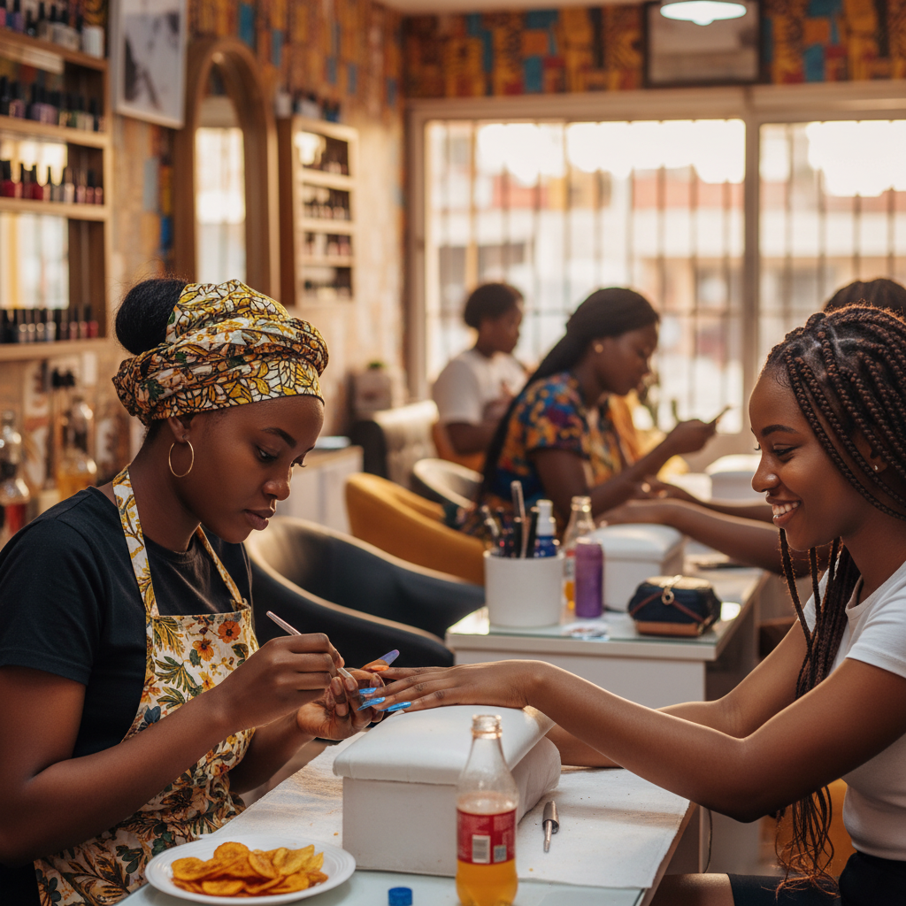A skilled nail technician carefully applying acrylic to a client's nails in a clean Lagos salon.