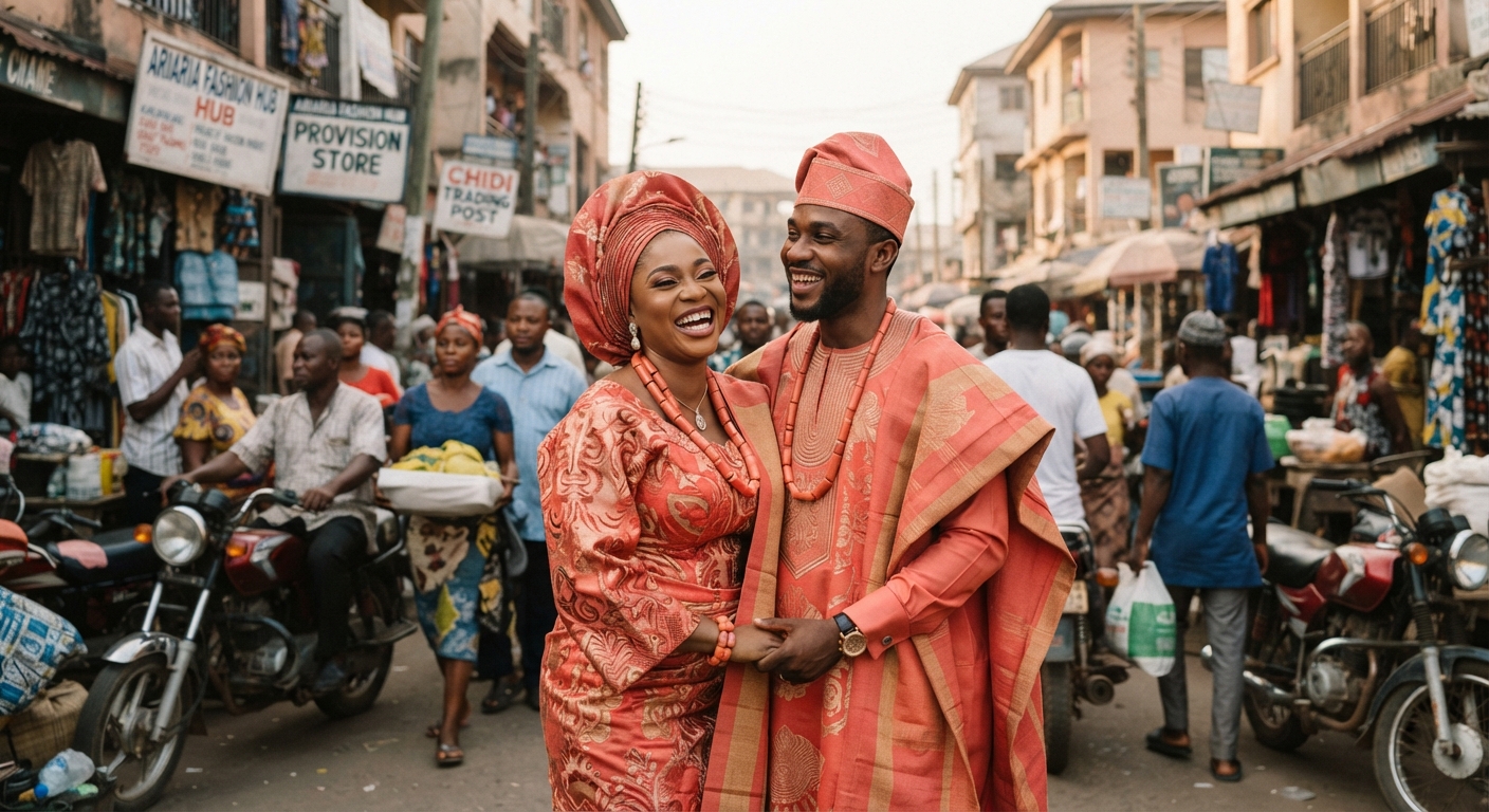 A wedding couple smiling during their photoshoot in Aba.