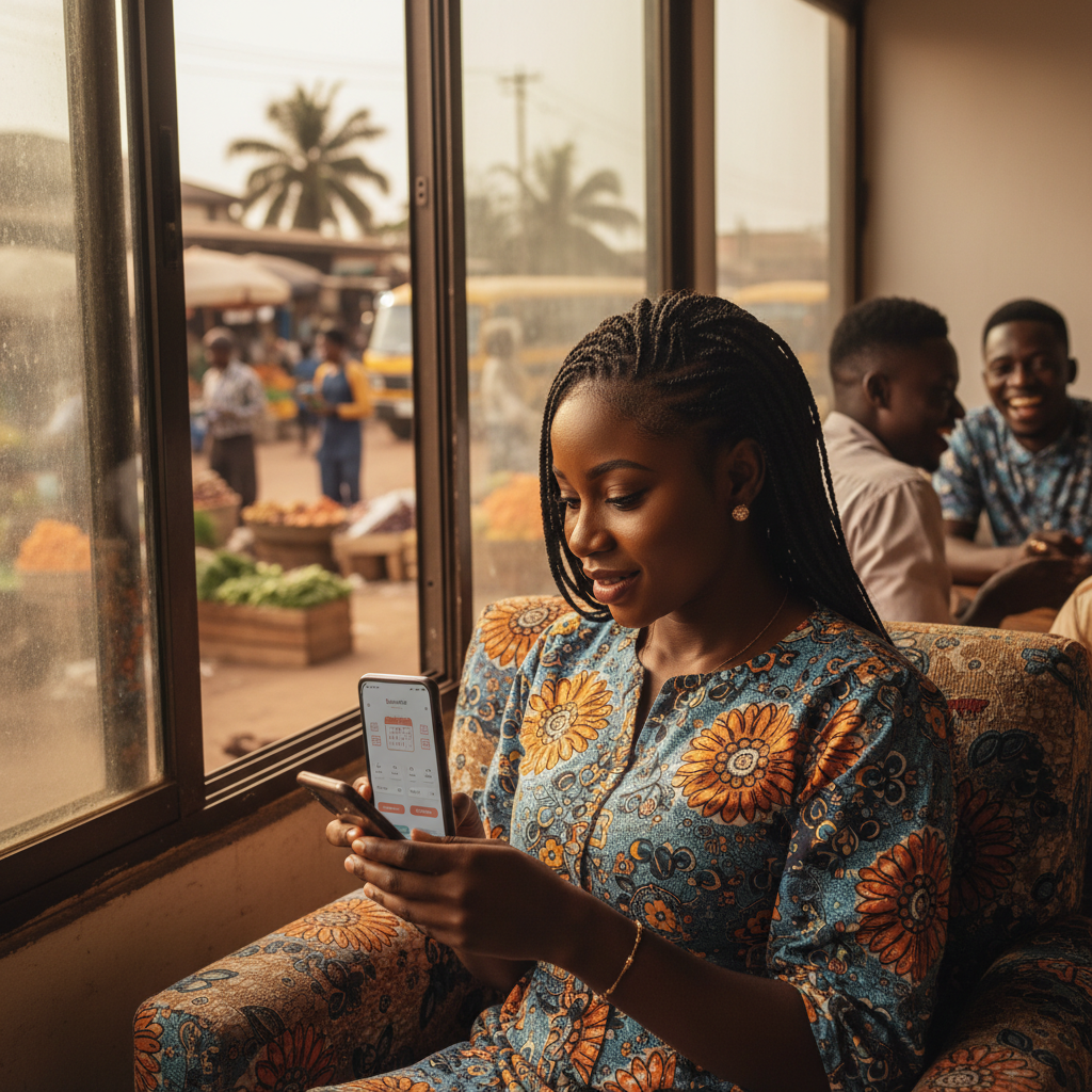 A young Nigerian woman smiling as she easily books a nail appointment on the TrustAm app on her smartphone.