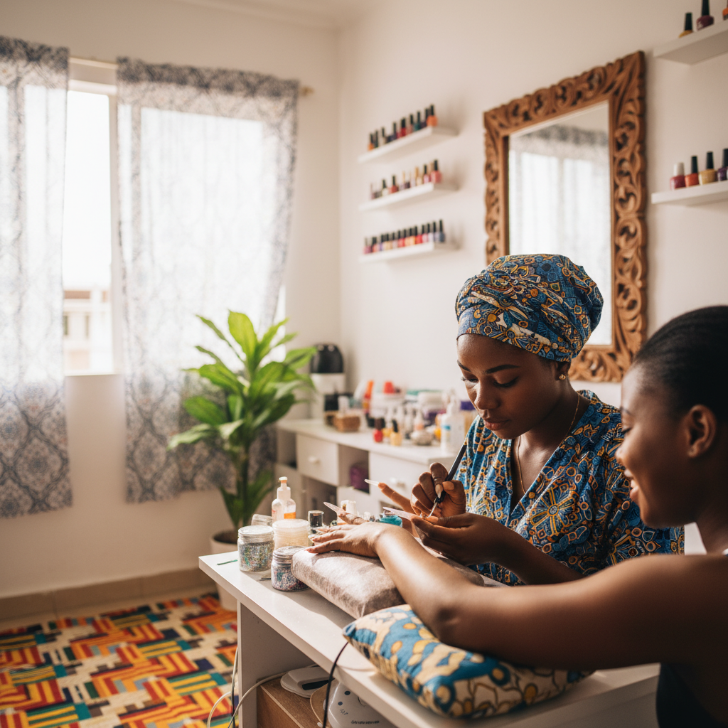A skilled Nigerian nail technician focused on applying acrylics for a client.