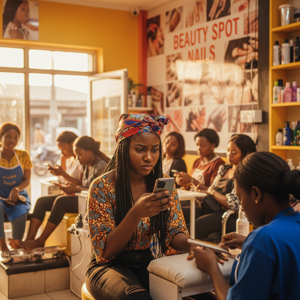 A disappointed young Nigerian woman checking her phone after a bad nail appointment in Lagos.