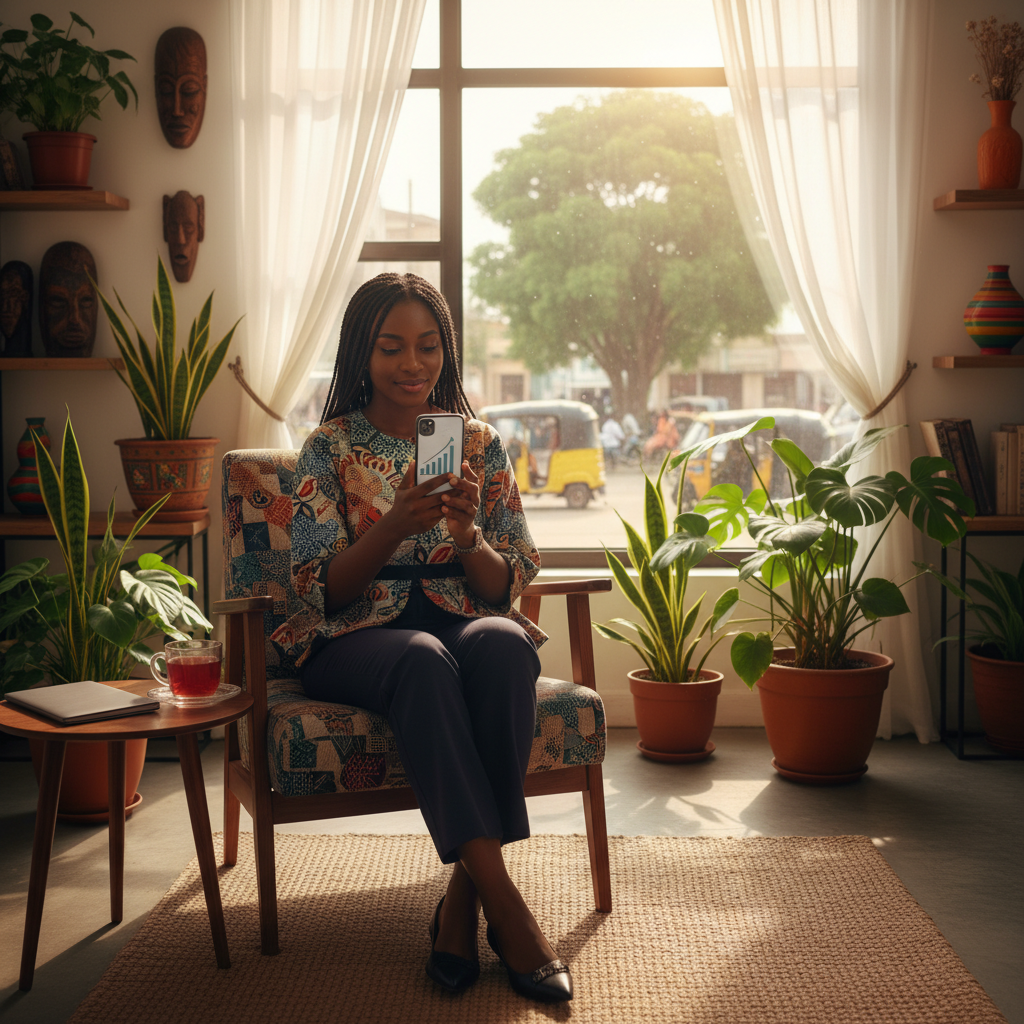 A young Nigerian woman smiling as she checks her savings progress on a fintech app like Piggyvest on her phone.