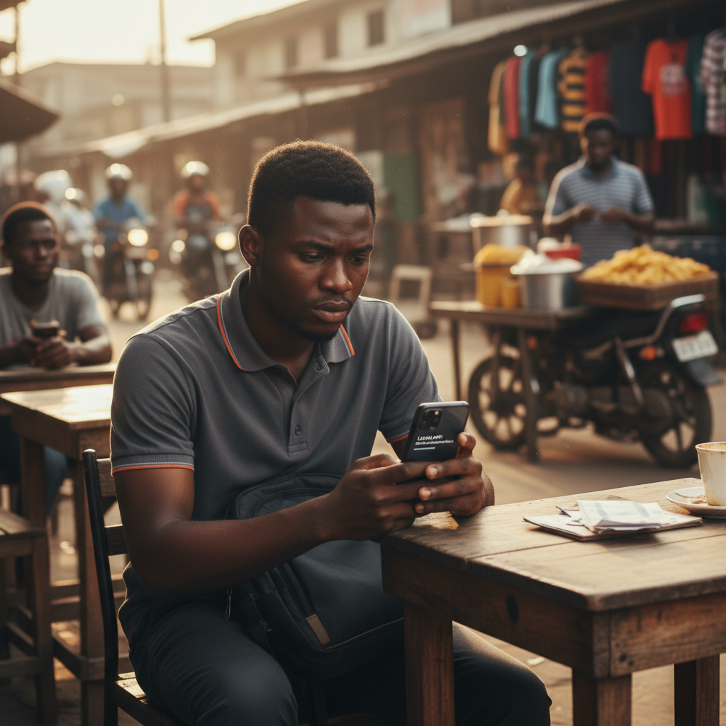 A worried Nigerian man looks at his smartphone, which displays a notification from a loan app.