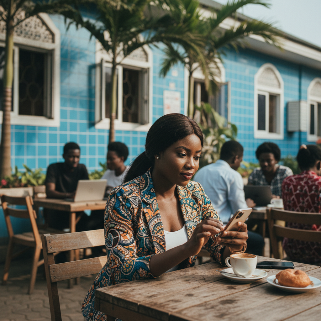 A young Nigerian woman in Uyo smiling as she books a service provider on her phone using the TrustAm app.