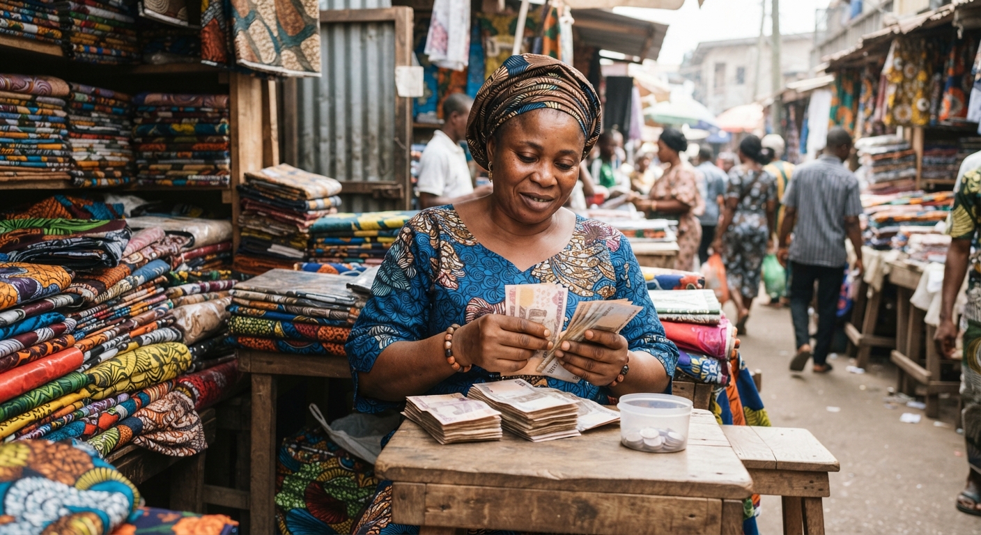 Nigerian woman counting naira notes at a busy market stall