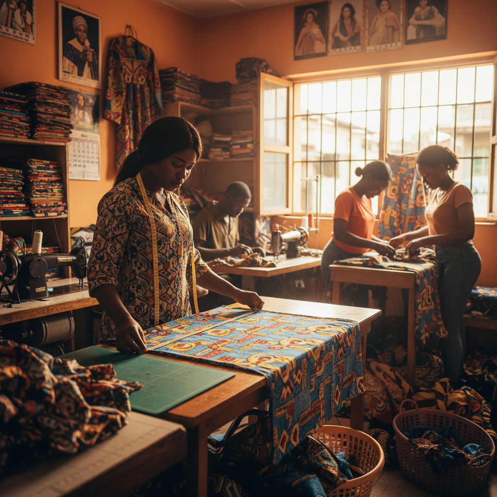 A verified tailor found on the TrustAm marketplace carefully measuring fabric for a client's aso-ebi.