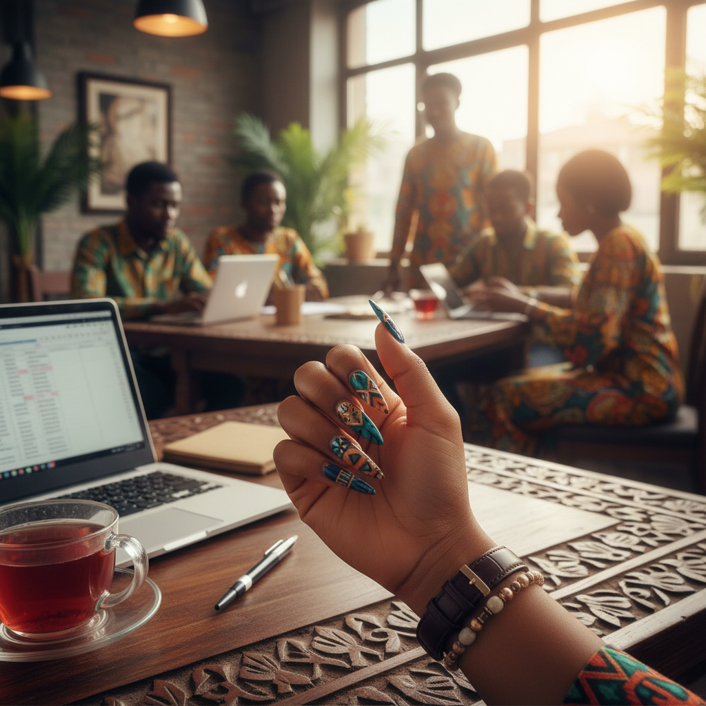 A close-up of a flawless set of long acrylic nails with detailed nail art on a woman's hand.