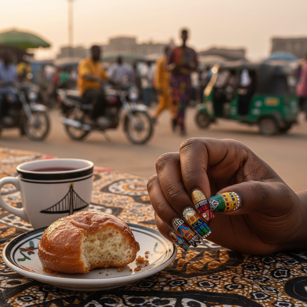 A close-up shot of a Nigerian woman's hand with beautifully done acrylic nail art.