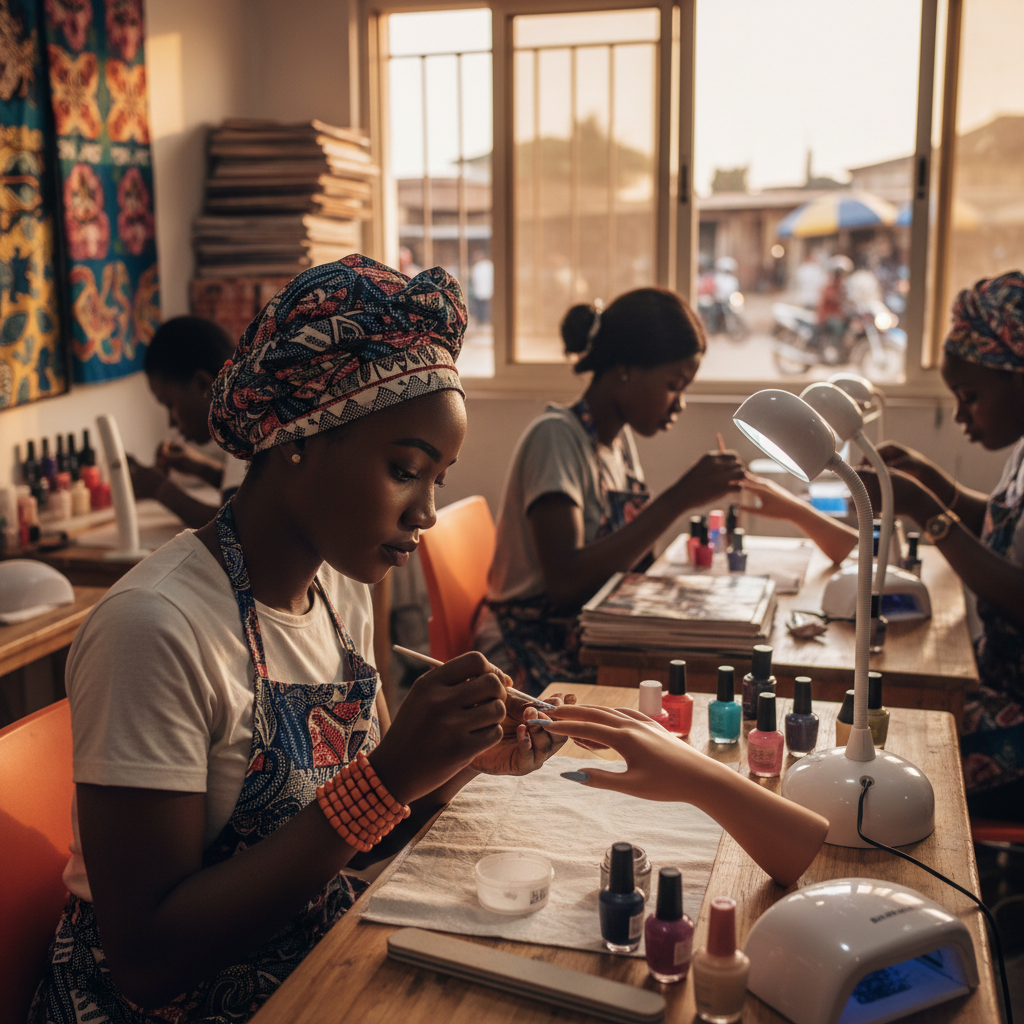A young Nigerian woman concentrating as she practices applying acrylic to a practice hand in a training class.