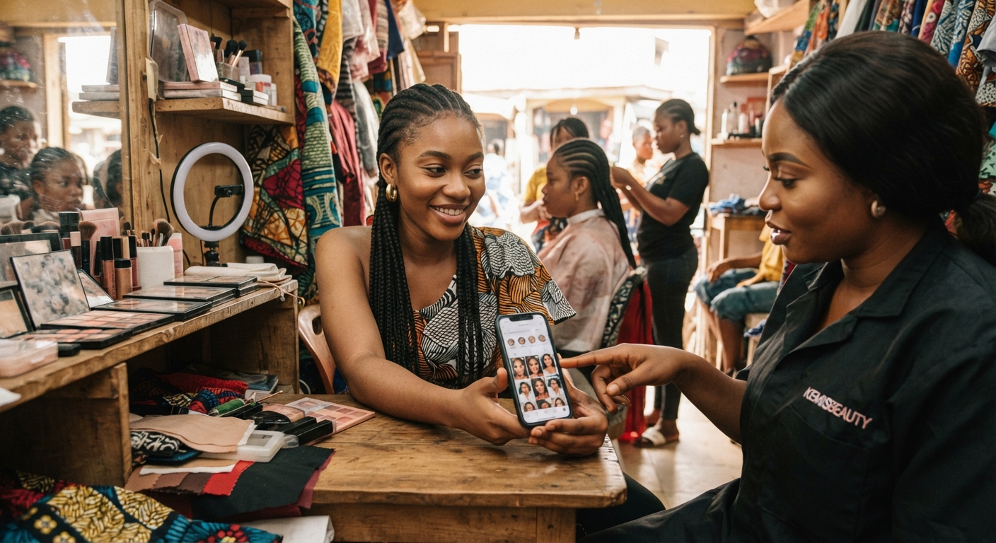 Nigerian woman browsing makeup artist portfolios on her phone