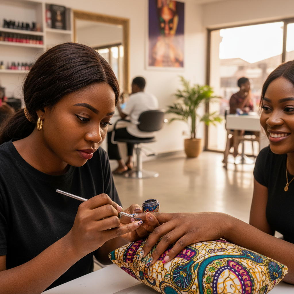 A close-up shot of a nail technician carefully painting a detailed design on a client's nail.