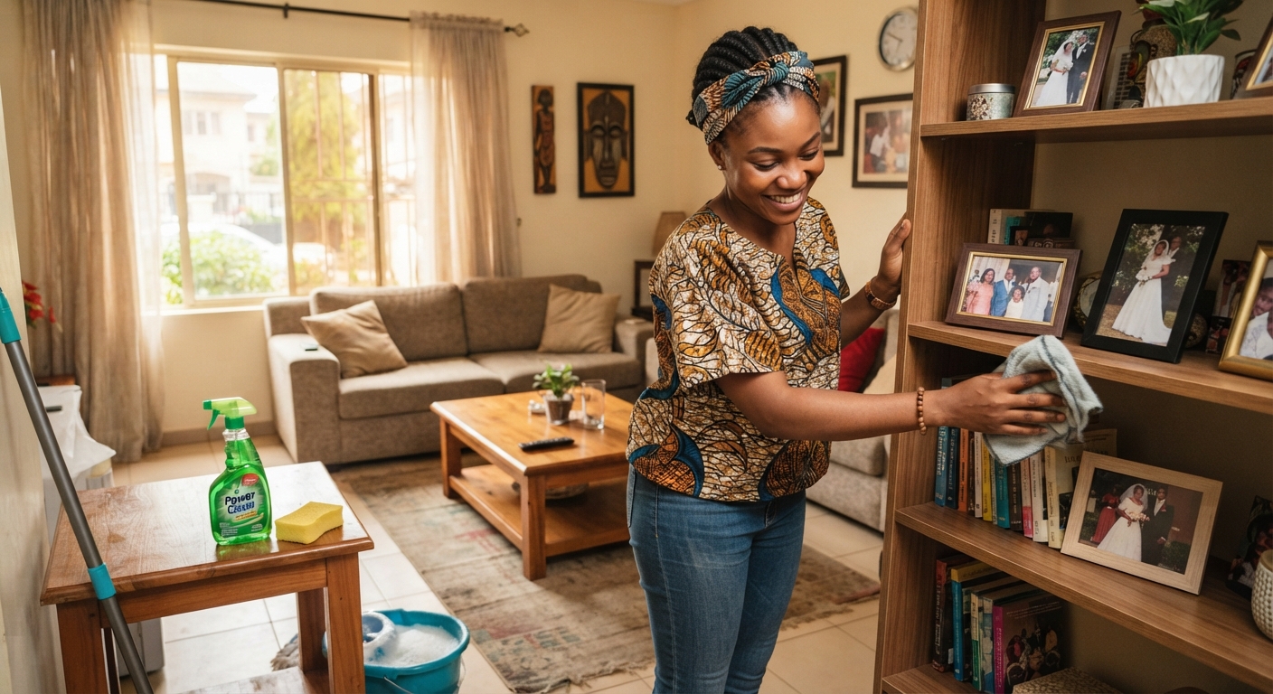 African woman using cleaning supplies in a bright living room.