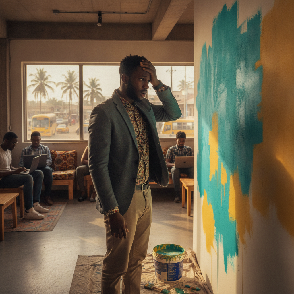 A disappointed Nigerian homeowner pointing at streaks and smudges on a badly painted wall.