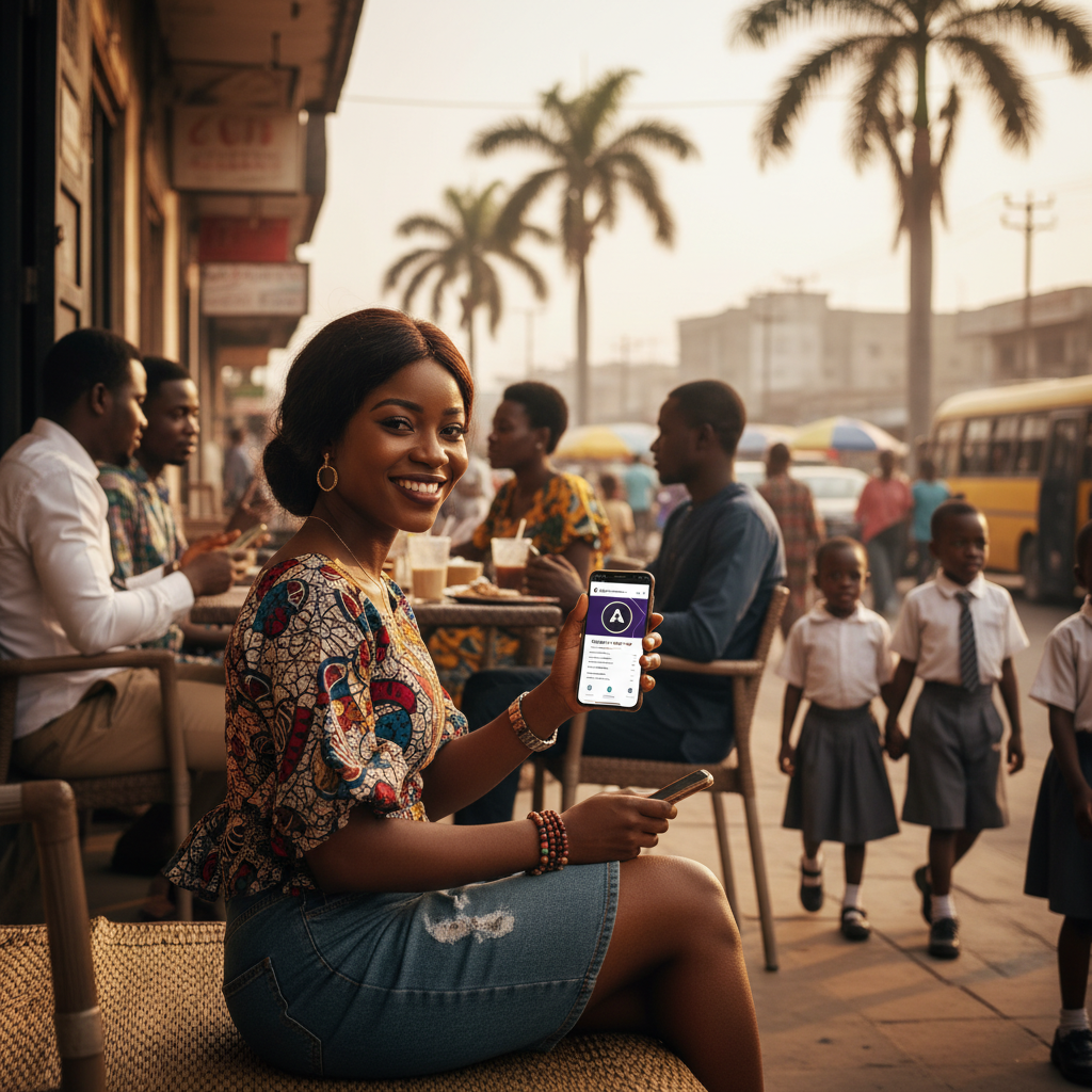 A young Nigerian nail technician smiling as she manages her bookings on the TrustAm app.