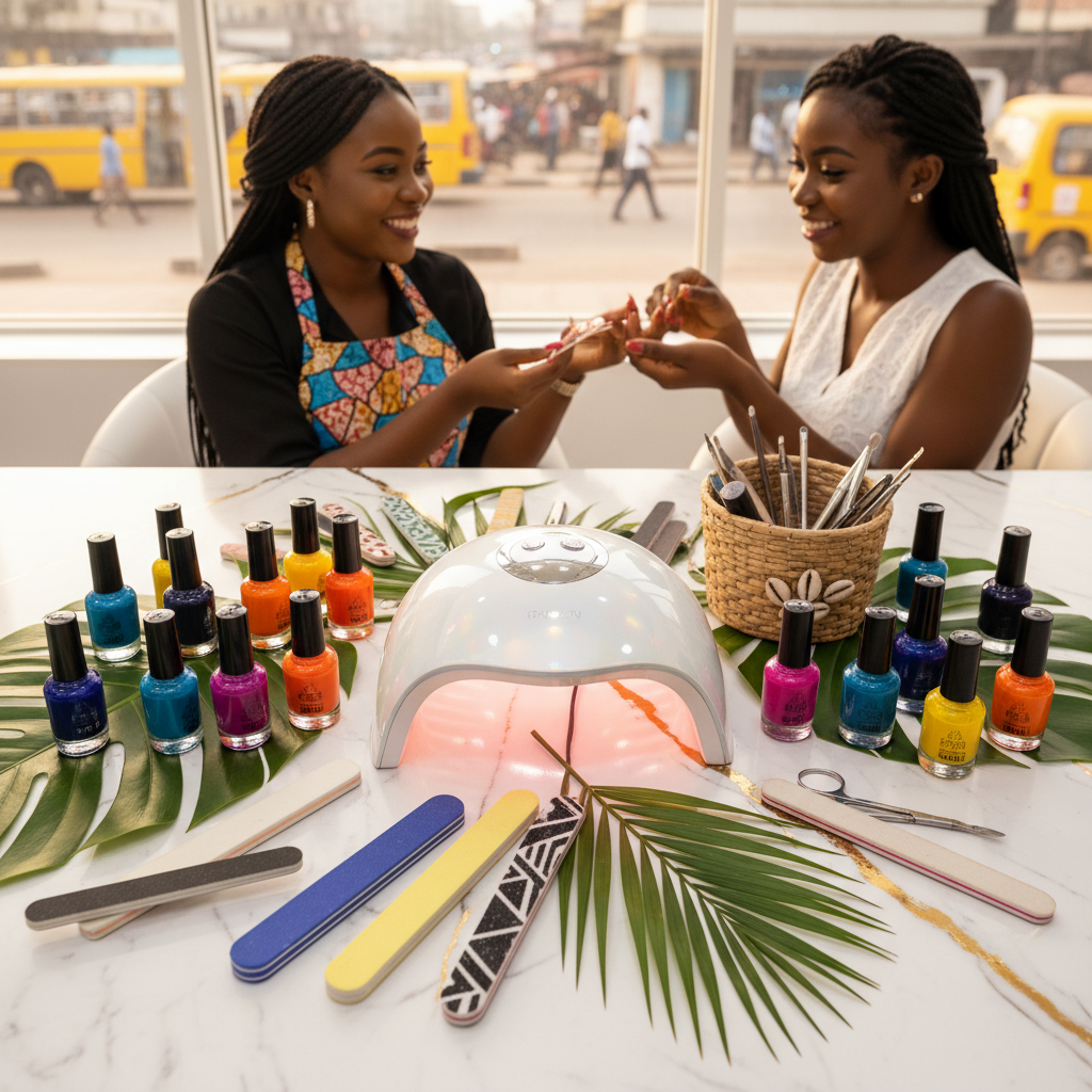 An organized set of nail technician tools including polishes, a UV lamp, and files on a white background.