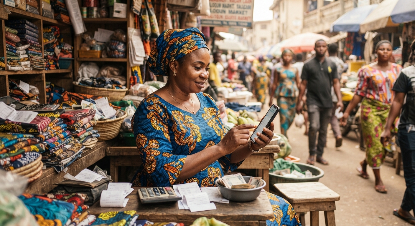 Nigerian trader managing finances on a mobile app