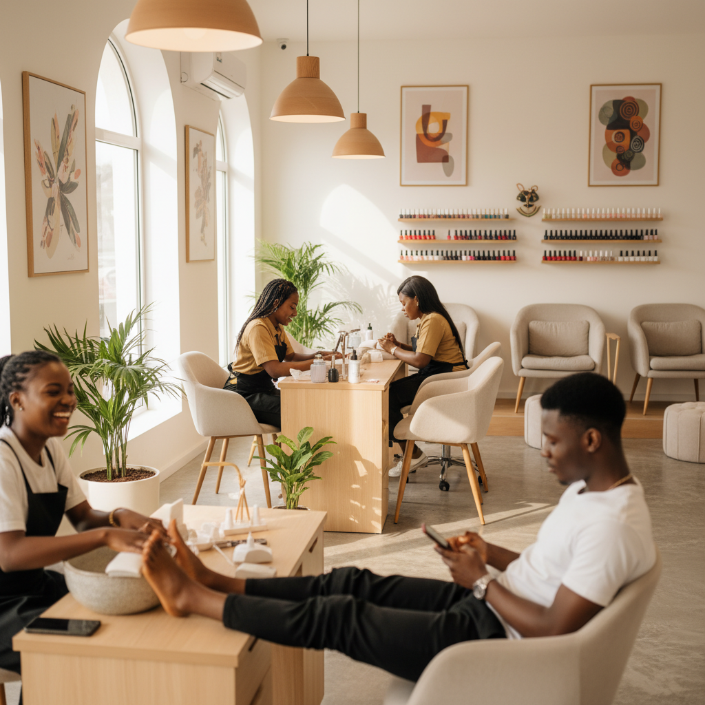 The clean and well-organized interior of a professional nail salon in Lagos.