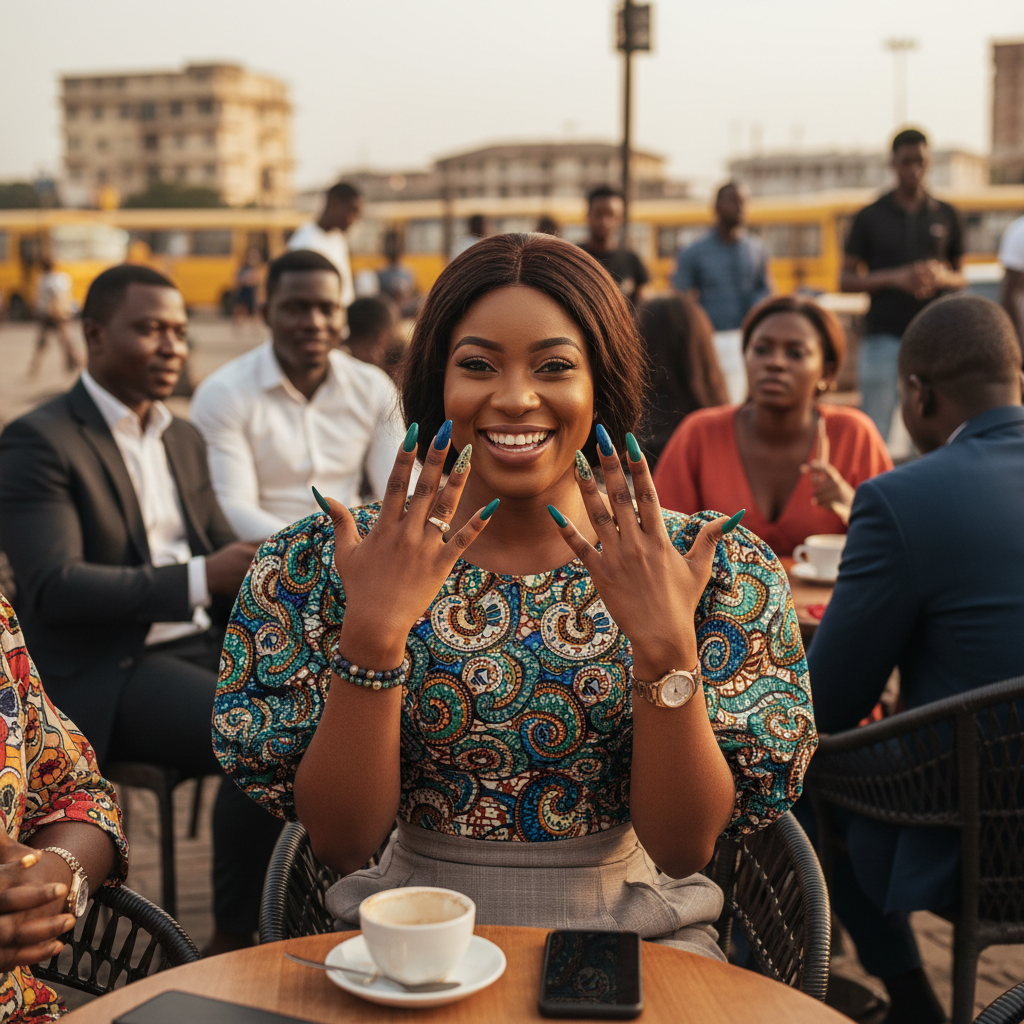 A stylish young Nigerian woman smiling and displaying her freshly done manicure.