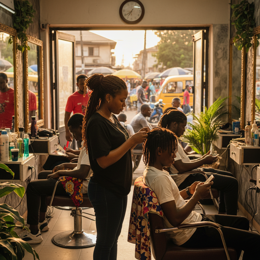 A Nigerian locs specialist carefully retwisting a client's hair in a neat salon.