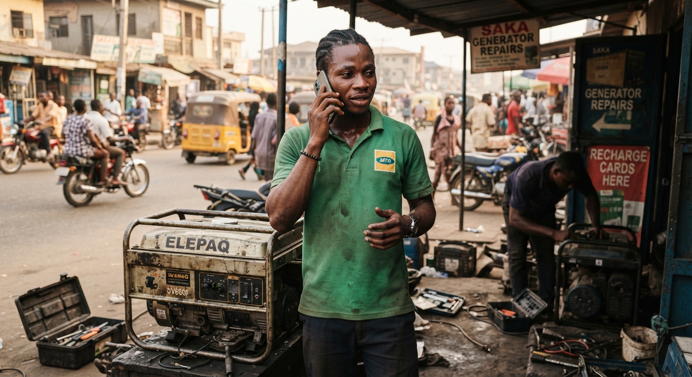 A Benin City resident discussing generator repair costs with a technician over the phone.
