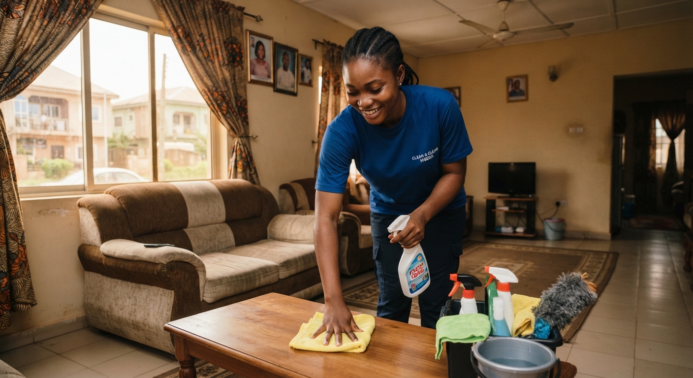 Young woman professionally cleaning a living room in Ibadan
