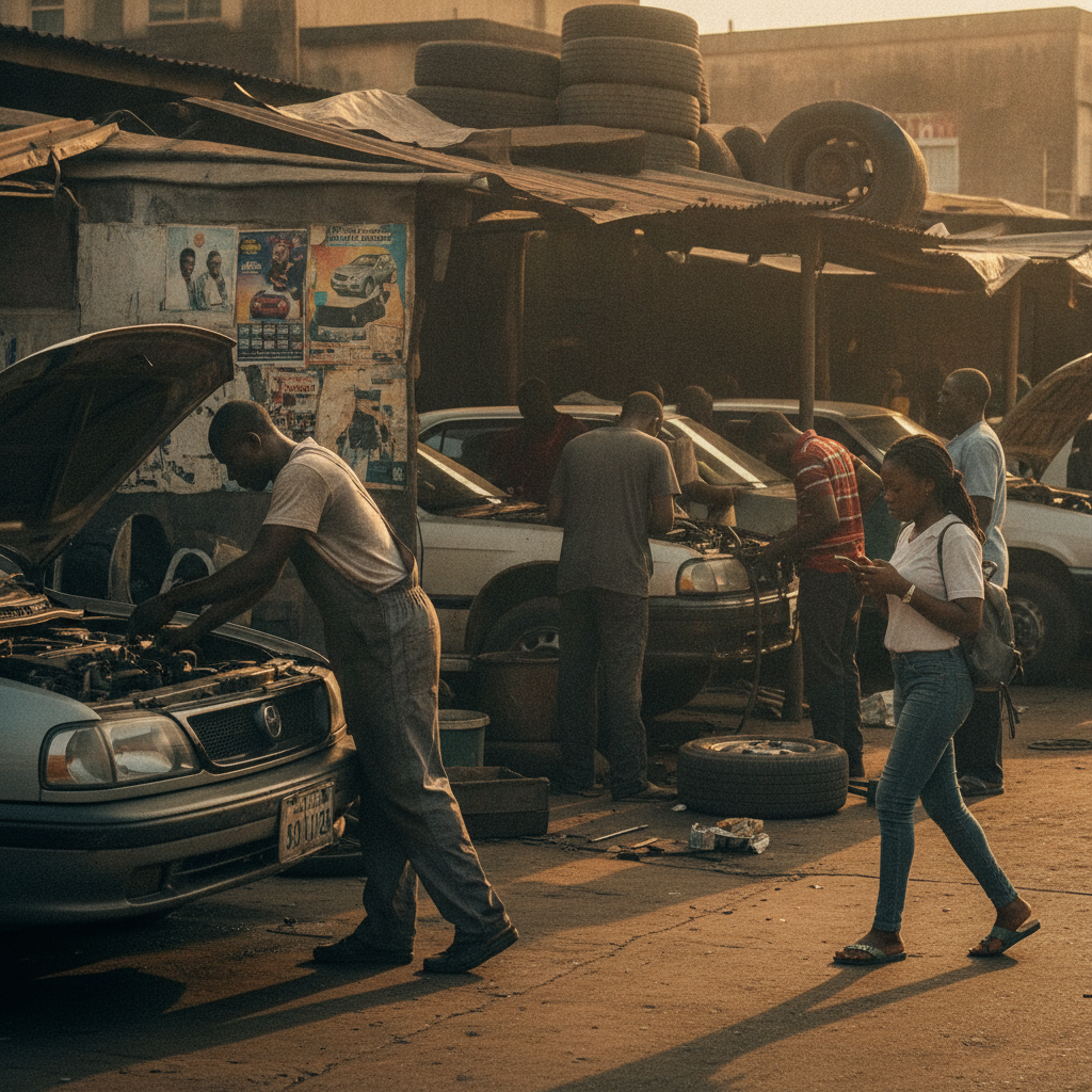 A Nigerian mechanic in overalls carefully inspects a car engine in a workshop in Port Harcourt.