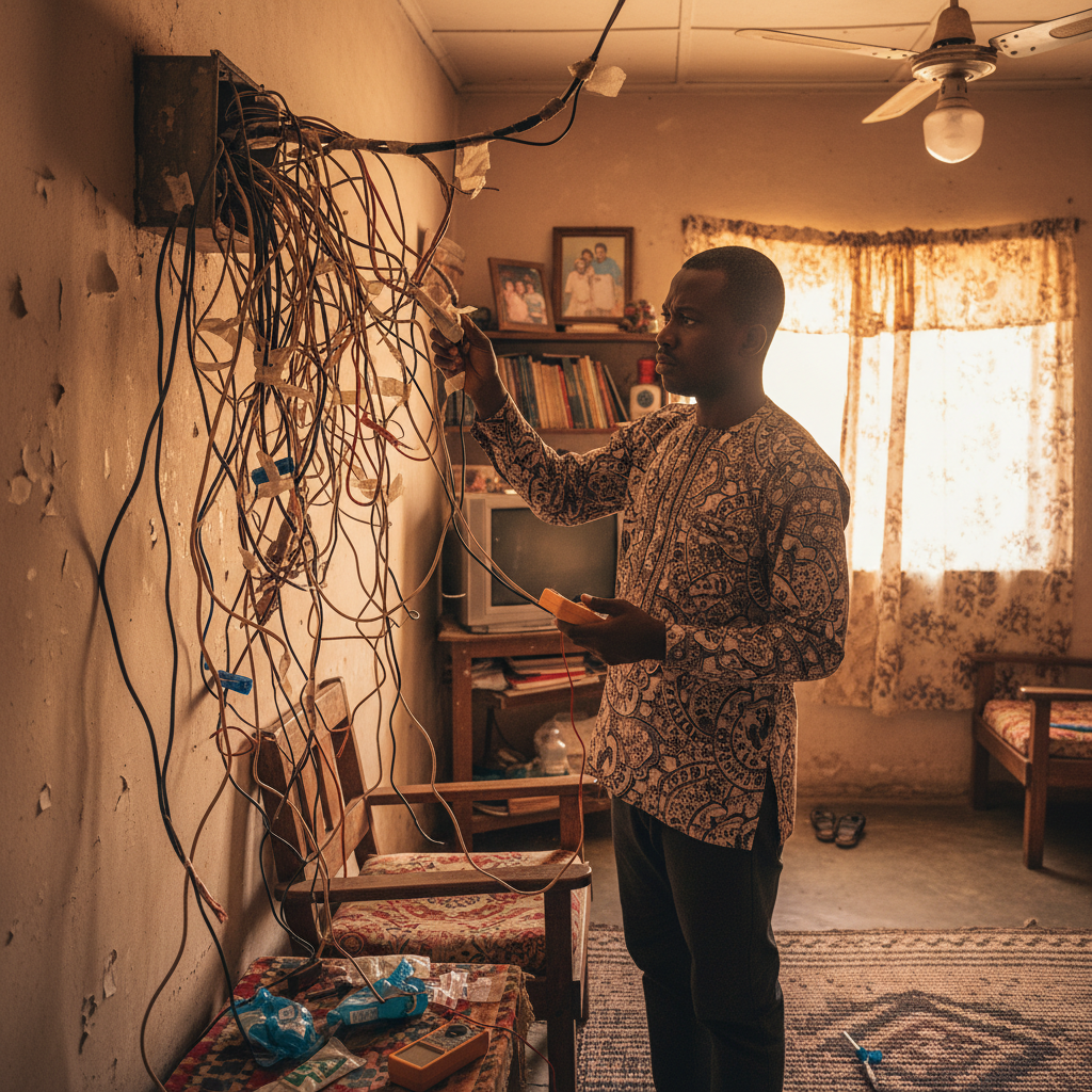 A Nigerian man looking puzzled at a messy bundle of electrical wires.