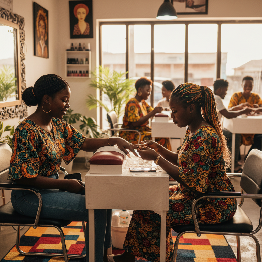 A skilled nail technician carefully applying acrylic powder to a client's fingernail in a clean Lagos salon.