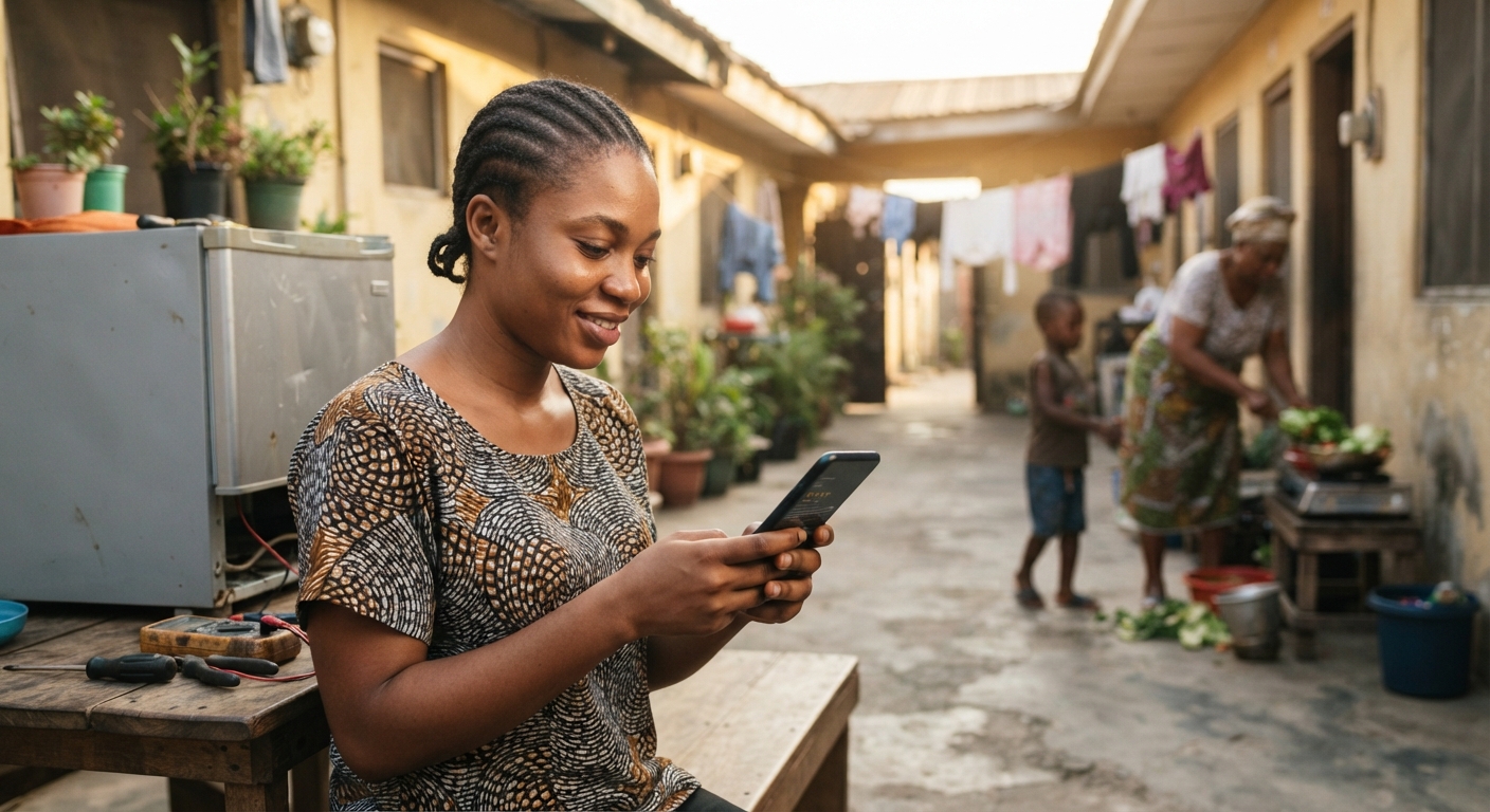 A person in Nigeria reading customer reviews for an appliance repair technician on their mobile phone.