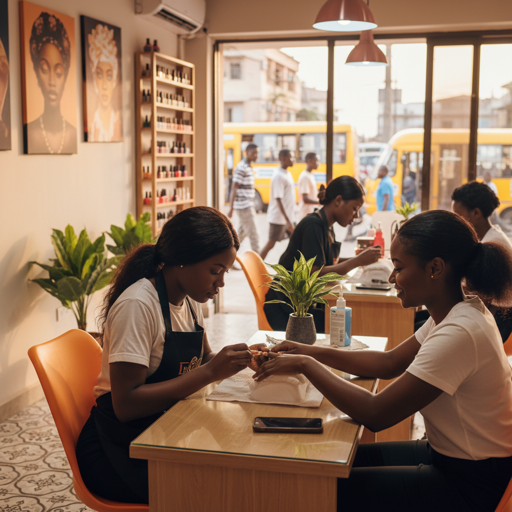 A professional nail technician carefully applying acrylic to a client's nails in a bright and clean salon in Lagos.