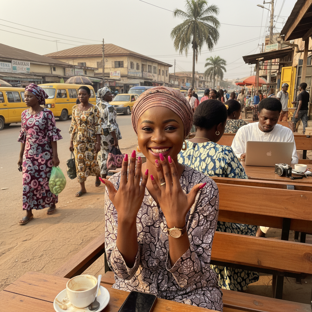 A happy young Nigerian woman smiling as she looks at her beautiful new gel manicure.