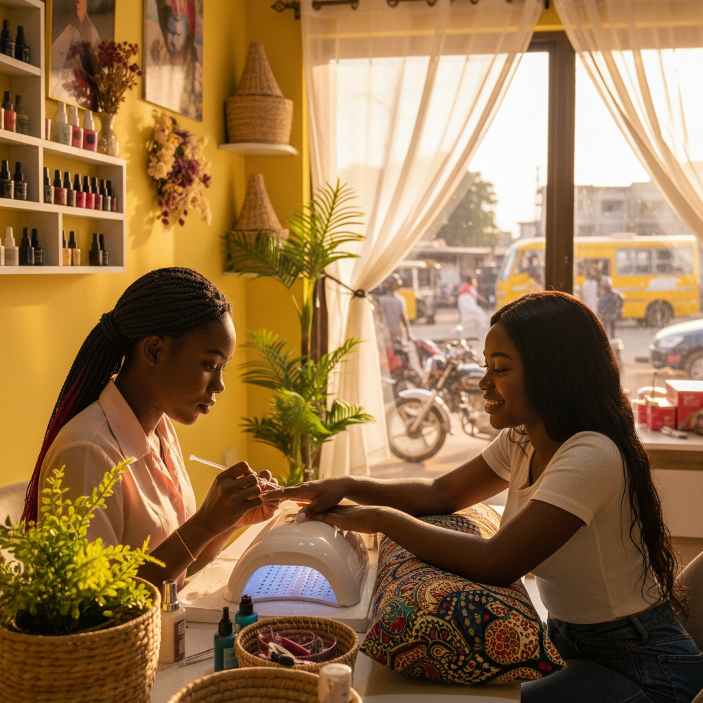 A professional nail technician carefully applying an acrylic bead to a client's nail in a clean Lagos salon.