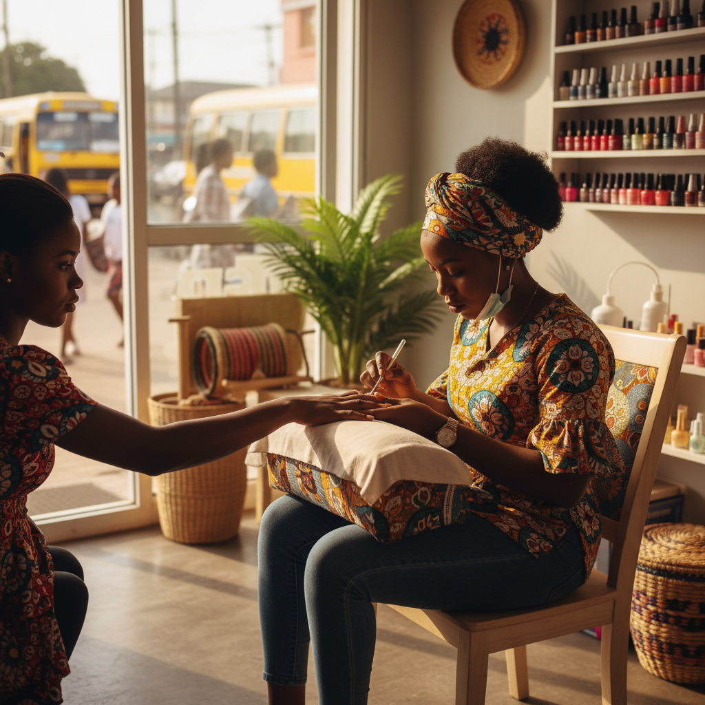 A skilled nail technician carefully applying an acrylic nail set for a client in a bright Lagos salon.